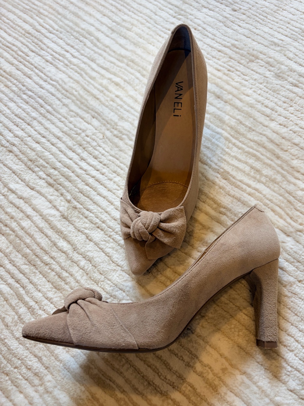 Vaneli Taupe Suede Knot-Front Pointed Toe Pumps